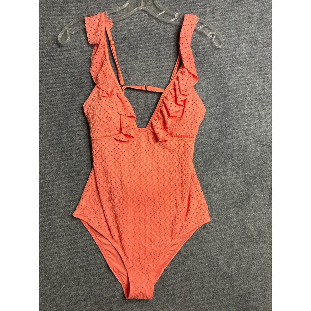 Betsey Johnson Fusion Coral Deep V‎ Eyelet Ruffle One Piece Swimsuit NWT Medium